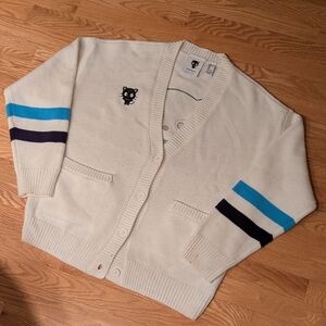 Men's Cream Cardigan with Blue and Black Stripes